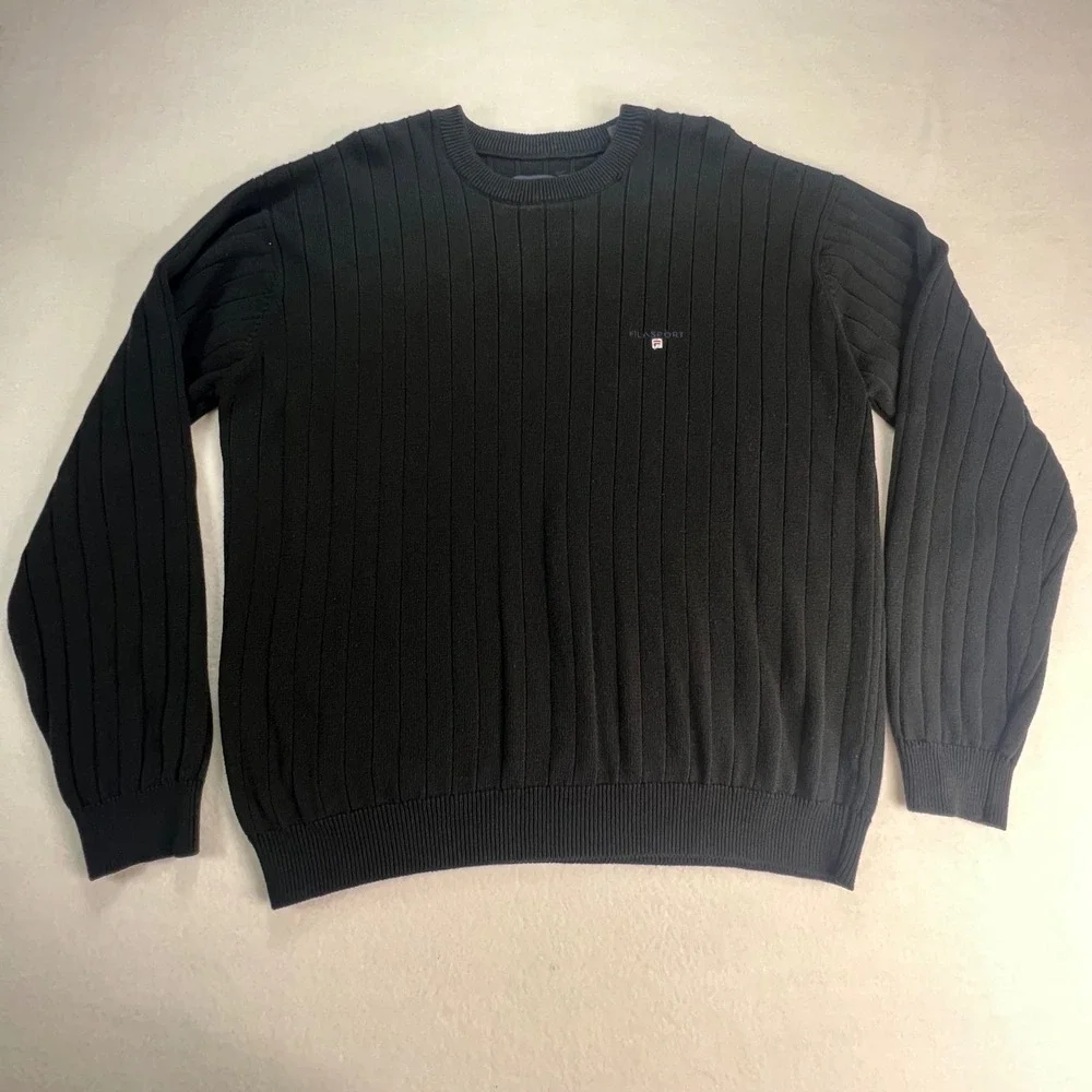 VTG Fila Sport Mens Black Ribbed Crewneck Sweater Long Sleeve XL Cotton Blend